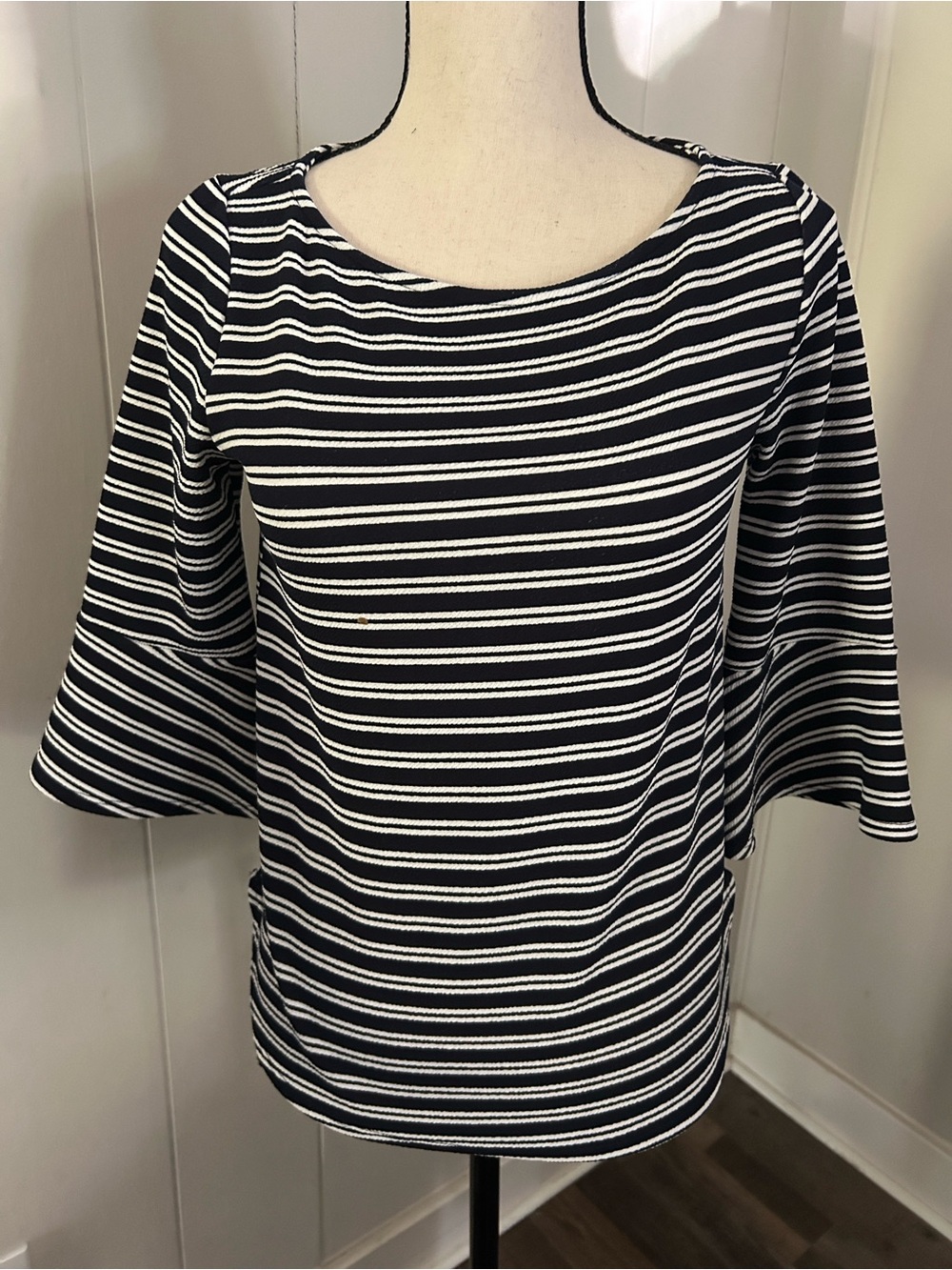 Green Envelope Black & White Striped Scoop Neck Top